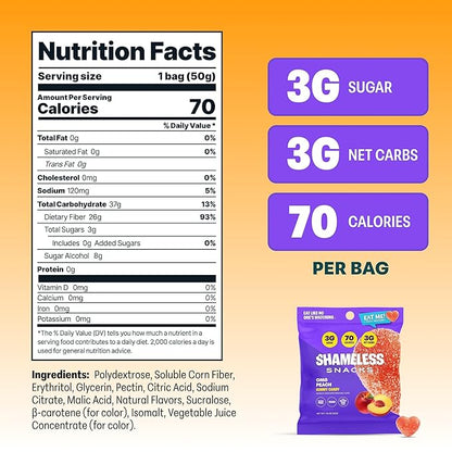Shameless Snacks - Healthy Low Calorie Snacks, Low Carb Keto Gummies (Gluten Free) - 6 Pack OMG Peach