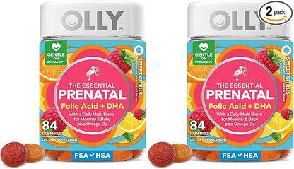 OLLY Essential Prenatal Gummy Multivitamin,Folic Acid,Vitamin D,Omega 3 DHA,Supports Healthy Growth and Brain Development,Citrus Berry -,84 Count (Pack of 2)