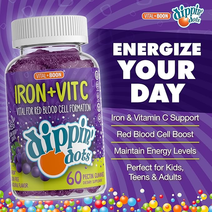 Vital+Boon - Iron with Vitamin C & B12 Gummies (60 Count) Vital for Red Blood Cell Formation | Gum Drop Grape Real Pectin Fruit Chew Supplements | Vegan, Non-GMO, Gluten Free & Gelatin Free