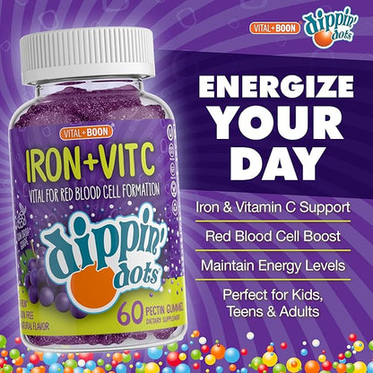 Vital+Boon - Iron with Vitamin C & B12 Gummies (60 Count) Vital for Red Blood Cell Formation | Gum Drop Grape Real Pectin Fruit Chew Supplements | Vegan, Non-GMO, Gluten Free & Gelatin Free