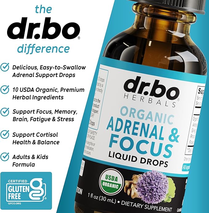Adrenal Support Supplements Liquid Drops - Organic Adrenal and Focus Supplement, Cortisol Manager Adaptogen Adults, Ginkgo Biloba for Kids Calm - Natural Brain and Memory Fatigue Stress Attention 1oz