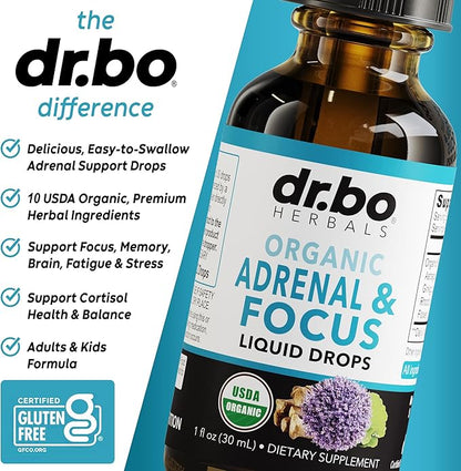 Adrenal Support Supplements Liquid Drops - Organic Adrenal and Focus Supplement, Cortisol Manager Adaptogen Adults, Ginkgo Biloba for Kids Calm - Natural Brain and Memory Fatigue Stress Attention 1oz