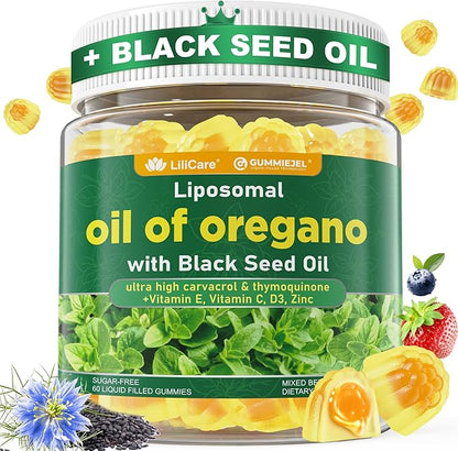 Oil of Oregano with Black Seed Oil Filled Gummies - 2 Months Supply - Aceite De Oregano Capsulas Alternative, Carvacrol & Thymoquinone with VE, VC, D3, Zinc, Liposomal Form, Sugar Free, Berry Flavor