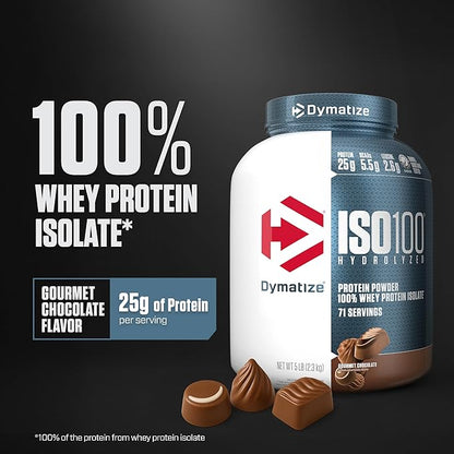 Dymatize ISO100 Whey Protein Powder Isolate, Gourmet Chocolate, 25g of Protein, 5 Pound, 5.5g BCAAs, Less Than 120 Cal., Gluten Free, 1g Fat, 1g Sugar, 2g Carb (71 Servings)
