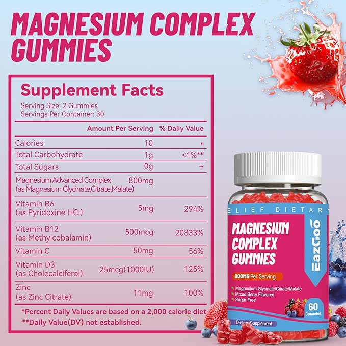 Magnesium Gummies 800mg - Vitamin D3, C, B6, B12 & Zinc Complex with Magnesium Glycinate, Citrate & Malate, Magnesium Complex Gummies for Muscle, Mood & Energy, Vegan 120 Counts