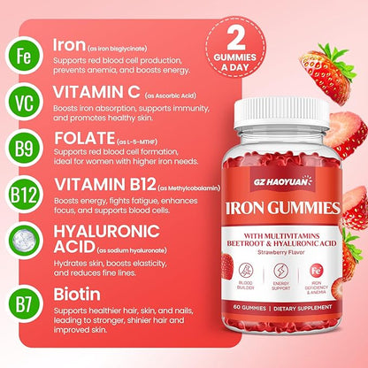 Iron Gummies for Women & Kids - Iron Supplement Gummies with Multivitamin for Blood Builder, Energy, Iron Deficiency & Anemia - Sugar Free Vegan Strawberry 60 ct