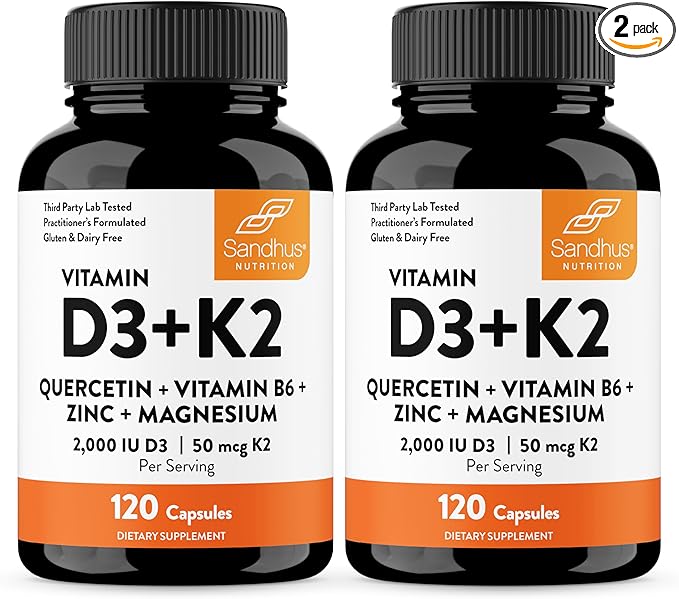 Sandhu's Vitamin D3 K2 Magnesium 2000 IU, 50mcg K2 Capsules 120 Count (Pack of 2) | with VIT B6, Zinc & Quercetin | D3K2 Supports Superior Absorption, Energy, Immune, Muscle Health for Men & Women