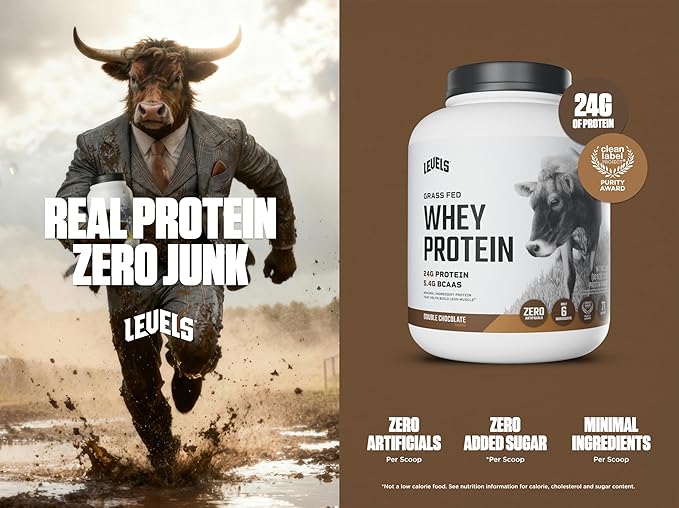 Levels Grass Fed Whey Protein Powder, No Artificials, 24G of Protein, Double Chocolate, 5LB