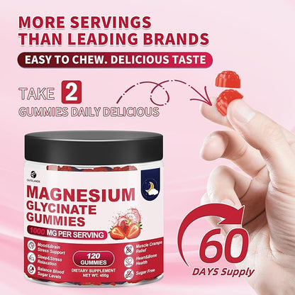 120 CT Magnesium Glycinate Gummies 1000 mg for Women and Men, Magnesium Malate & Taurate Supplements for Sleep, Body Support and Relaxation, Sugar Free, Vegan, Strawberry Flavor