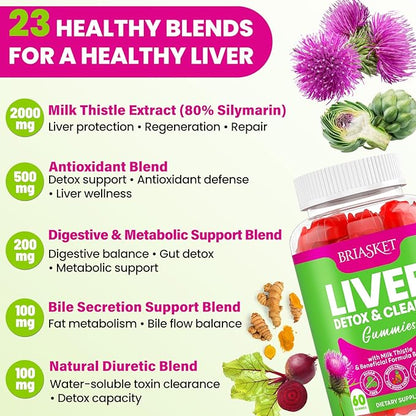 Liver Detox Cleanse & Repair, 2000 mg Milk Thistle Liver Detox, Liver Support Supplement with Glutathione, Dandelion Root, Turmeric & Artichoke, 23-in-1Herbal for Liver & Gut Health, Vegan, 60 Gummies