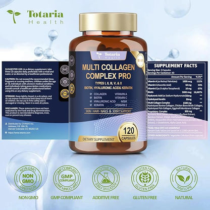 18-in-1 Collagen Pro with Hyaluronic Acid, Keratin, Biotin, VIT A C & E for Skin, Hair, Nails, Joint & Beauty - Multi Collagen Peptides Capsules with Type I II III V & X for Women & Men - 120 Caps