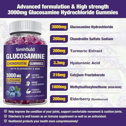 Simhould 3 Packs Glucosamine Chondroitin Gummies - 3000MG Extra Strength Joint Support Supplement with MSM & Elderberry, Flexibility, Antioxidant Immune Support Gummy for Adults, Men & Women