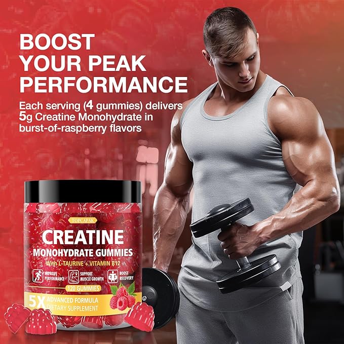 Creatine Gummies for Men & Women - Chewable Creatine Gummy with Taurine & Vitamin B12, 5g Creatine Monohydrate per Serving, 120 Gummies - Raspberry Flavor, Raspberry-Shaped
