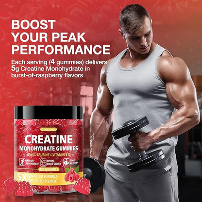 Creatine Gummies for Men & Women - Chewable Creatine Gummy with Taurine & Vitamin B12, 5g Creatine Monohydrate per Serving, 120 Gummies - Raspberry Flavor, Raspberry-Shaped