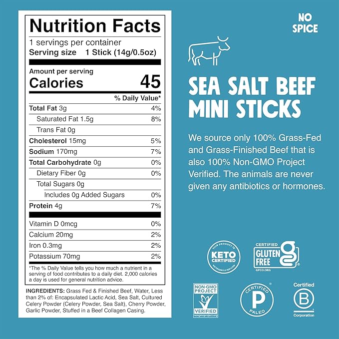 Chomps Snack Size Grass-Fed and Finished Sea Salt Beef Jerky Snack Sticks 0.5oz 24-Pack - Keto, Paleo, Whole30, 4g Lean Meat Protein, Gluten-Free, Zero Sugar Food, Non-GMO Chomplings