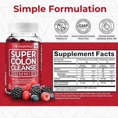 Health Plus Super Colon Cleanse Gummies Dietary Supplement, Gentle Overnight Relief from Occasional Constipation, Natural Senna Leaf Extract, Mixed Berry Flavor, 60 Count, 15 Day Cleanse