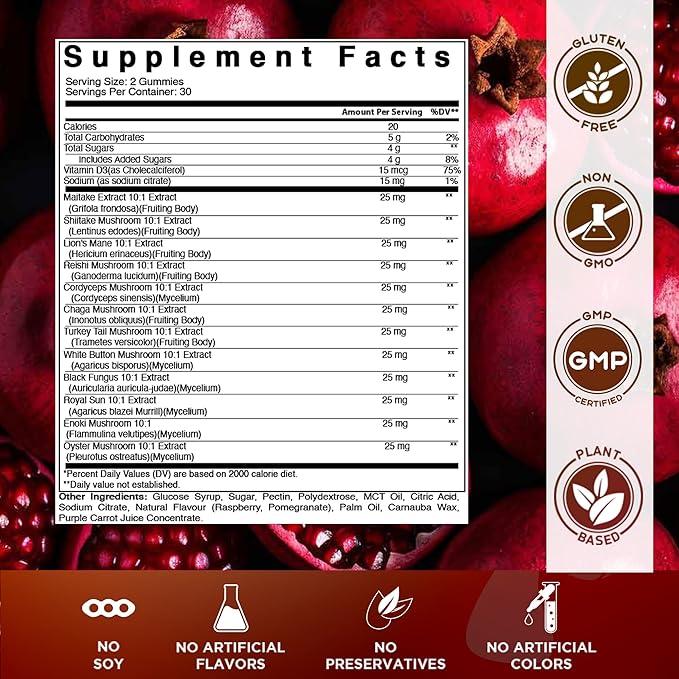 Vitamatic Mushroom Complex Gummies with D3 – Plant-Based Botanical Extract – Pectin-Based, Non-GMO – Herbal Supplement Gummies – 60 Count - 2 Pack (120 Count)