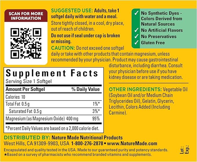 Nature Made Magnesium Oxide 400 mg Softgels, Extra Strength Magnesium Supplements for Men and Women, Support for Muscle, Nerve, Bone and Heart, 60 Day Supply