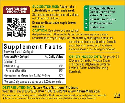 Nature Made Magnesium Oxide 400 mg Softgels, Extra Strength Magnesium Supplements for Men and Women, Support for Muscle, Nerve, Bone and Heart, 60 Day Supply