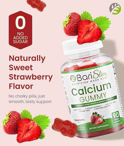 BariSlim Bariatric Calcium Gummies - Specially Formulated Bariatric Vitamins for Patients After Weight Loss Surgery - Supports Energy Levels & Bone Health | Strawberry (90 Vegan Gummies)