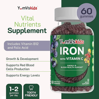 Iron Supplement for Kids – 5 mg Kids Gummies with Vitamin C – Great-Tasting Gummies Grape Flavor – Supports Immune Health & Helps with Iron Deficiency – Vegan, Kosher, Non-GMO – 60 Count