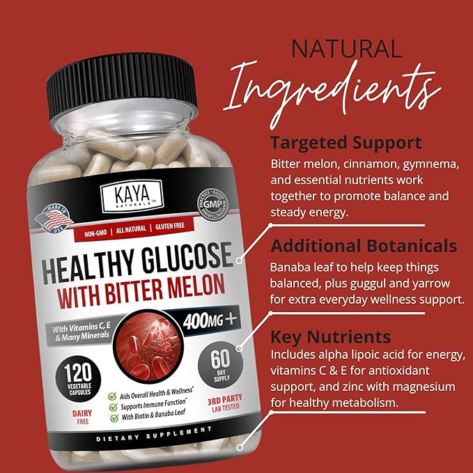 Kaya Naturals Healthy Gluco with Bittermelon Supplement | Support Healthy Levels and Function, 20 Herbs Vitamins and Minerals, Alpha Lipoic Acide, Cinnamon, Vitamin C & E, Non-GMO (120 Count)