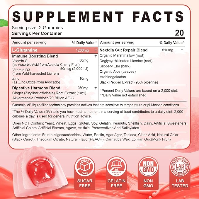 L-Glutamine 1200mg Gut & Immune Support Gummies,Leaky Gut Repair Supplement with Slippery Elm,Marshmallow Root,Ginger Root,Arabinogalactan,Organic Aloe,Vitamin C,Vitamin D3,Zinc,Sugar-Free | 120 Count