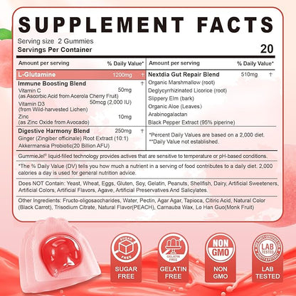 L-Glutamine 1200mg Gut & Immune Support Gummies,Leaky Gut Repair Supplement with Slippery Elm,Marshmallow Root,Ginger Root,Arabinogalactan,Organic Aloe,Vitamin C,Vitamin D3,Zinc,Sugar-Free | 120 Count