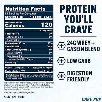 PEScience Select Protein Powder, Whey and Casein Blend, Lean Protein Powder for Women and Men, Low Calorie, Low Carb, Keto Friendly, Gluten Free, Cake Pop - 55 Servings