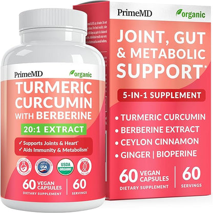 5-in-1 USDA Organic Turmeric Curcumin Supplement - 230mg with Berberine, Ceylon Cinnamon Bioperine and Ginger Supplements for Mobility, Digestion & Wellness Support, USDA Organic, 60 Servings, 1-Pack