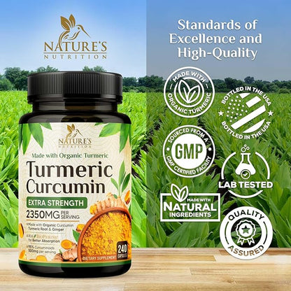 Turmeric Curcumin Supplement 2350mg - 95% Curcuminoids with Organic Turmeric & Ginger, BioPerine Black Pepper for Best Absorption, Nature's Vegan Joint Support, Non-GMO, Bottled in USA - 240 Capsules