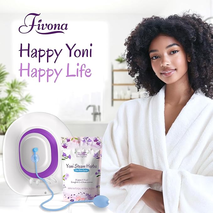 Fivona 3-in-1 Yoni Steam Kit - Bundle of V Steaming Herbs Blue Moon Recipe 1.76 Ounces (2-4 Steams) with Expandable V-Steam Seat and Hand Flusher for Detox, Cleansing, pH Balance and Odor Control