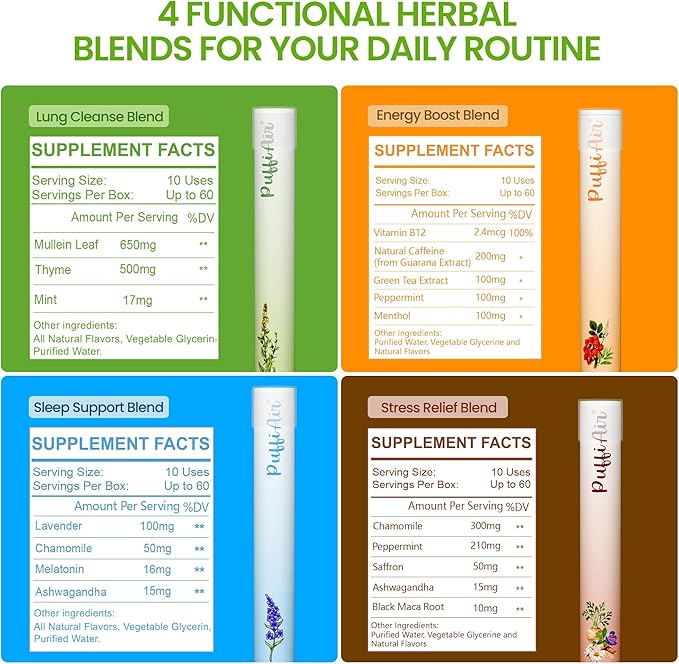 PUFFIAIR Herbal Diffuser Pen 4 Pack, Clean Botanical Aromatherapy Diffusers, Four Aroma Variety Set, Cool Mint & Herbal Scents, Smooth Daily Experience, Up to 600 Uses Each