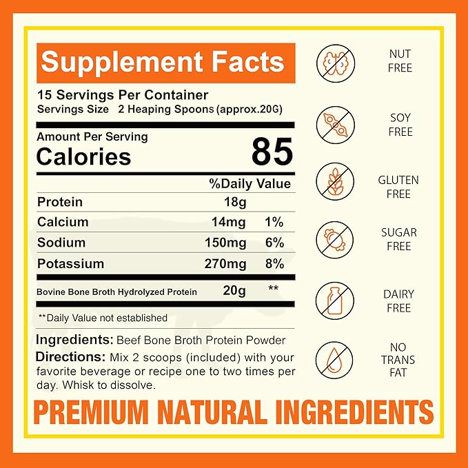 Zammex 100% Grass-Fed Beef Bone Broth Protein Powder, 18G Protein, Hydrolyzed Collagen Peptides Type 1&3, Supports Healthy Skin, Nails, Hair, Joints, Non-GMO, Gluten Free, Paleo & Keto Friendly