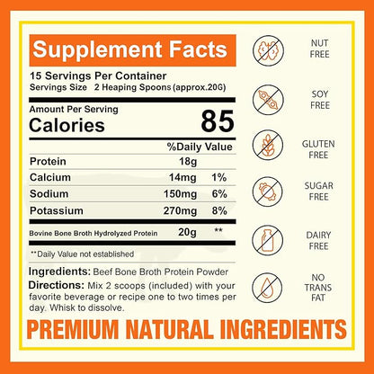 Zammex 100% Grass-Fed Beef Bone Broth Protein Powder, 18G Protein, Hydrolyzed Collagen Peptides Type 1&3, Supports Healthy Skin, Nails, Hair, Joints, Non-GMO, Gluten Free, Paleo & Keto Friendly