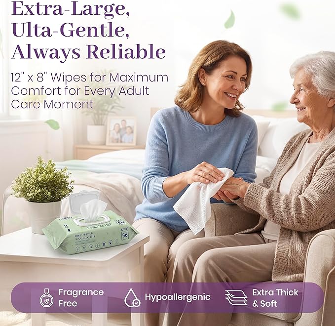 X Large Wet Wipes for Adults - 4 Packs of 56 [224 Count] Disposable Incontinence Wipes, 12" x 8" Adult Wipes for Elderly - Personal Body Wipes for Women and Men, Pre Moistened Adult Washcloths