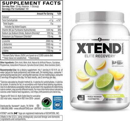 Xtend Original BCAA Powder, 7g BCAAs and 2.5g L-Glutamine for Muscle Recovery Hydration and Lean Muscle, Sugar Free Intra and Post Workout Drink with Electrolytes, Lemon Lime Squeeze, 90 Servings