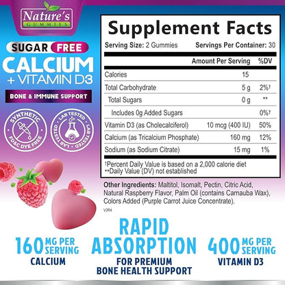 Calcium Supplement Gummies - Sugar Free Calcium Gummy with Vitamin D3 for Best Absorption - Supports Immune Health, Bones & Teeth - Nature's Calcium Chews for Women & Men - Berry Flavor - 60 Gummies