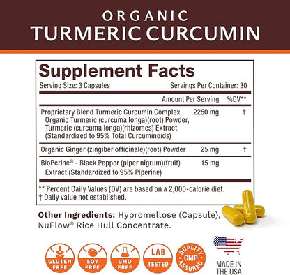 Life's Fortune Organic Turmeric Curcumin with Black Pepper and Ginger, Enhanced Absorption, Extra Strength Supplement, Joint & Immune Support, Non-GMO, 90 Cap - 2250mg
