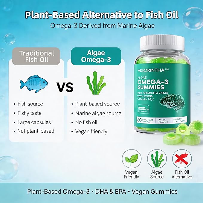 Vegan Omega 3 Gummies 1000mg with Coq 10, Vitamin D3,E,C,Omega 3 Fish Oil Alternative for Adults, Plant Based DHA 550mg & EPA 275mg for Brain, Mobility, Eye, Sugar Free, 60 Count