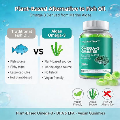Vegan Omega 3 Gummies 1000mg with Coq 10, Vitamin D3,E,C,Omega 3 Fish Oil Alternative for Adults, Plant Based DHA 550mg & EPA 275mg for Brain, Mobility, Eye, Sugar Free, 60 Count