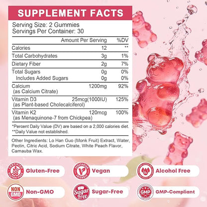 Calcium Citrate with Vitamin D3 Gummies for Women 50 Plus - Bones, Teeth, Immune Support, 1200mg Calcium Citrate Gummies with Vitamin D3 K2, Vegan, Sugar-Free, 60 Count