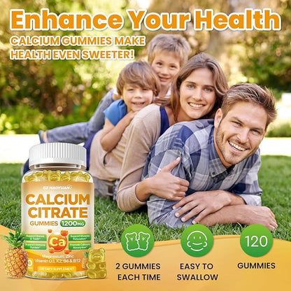 Calcium Citrate Gummies - 1200mg Calcium Gummies Supplements for Women & Men with Vitamin D3, K2, Magnesium, Zinc High Absorption for Bone, Muscle & Immune Support, Pineapple Flavor, 120 Count