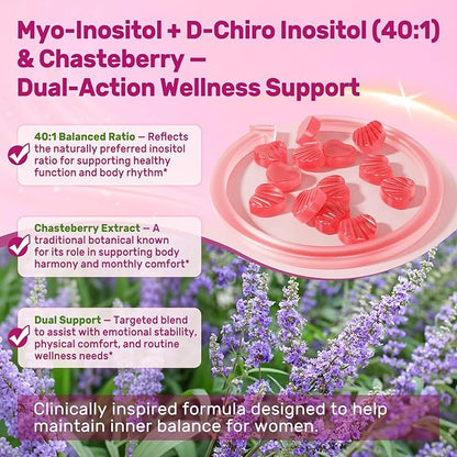 Inositol Gummies for Women + Chasteberry, Myo-Inositol & D-Chiro Inositol 2000mg + 50mg Ideal 40:1 Ratio with Methylated B12 & Folate, Choline, Magnesium, Vitamin D3 for Overall Health, Pack of 2