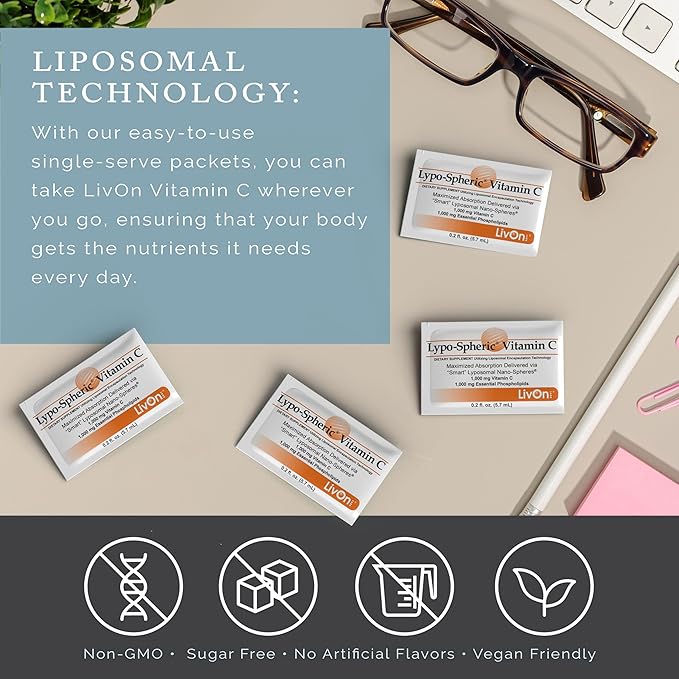 LivOn Laboratories - Lypo–Spheric Vitamin C – 1,000 mg Vitamin C & 1,000 mg Essential Phospholipids Per Packet – Liposome Encapsulated for Improved Absorption – Non–GMO - 2 Pack (60 Count)