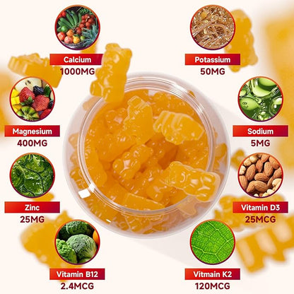 2 Pack Calcium Gummies 1000mg with Vitamin D3 K2 & B Complex, Potassium, Calcium Magnesium Zinc Gummies for Bone, Muscle, Mood and Immunity - Orange Flavor 120 Gummies