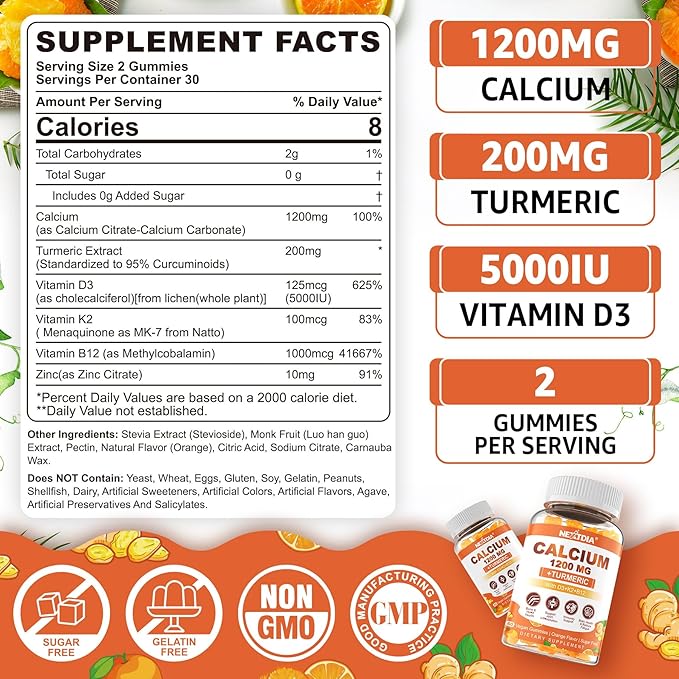 Calcium Gummies with Turmeric for Women & Men - Calcium 1200mg with Vitamin D3 K2 B12 5000 IU & Zinc, Suger-Free Calcium Supplement for Bone, Muscle Strength & Immune Support - Vegan(120 Count)