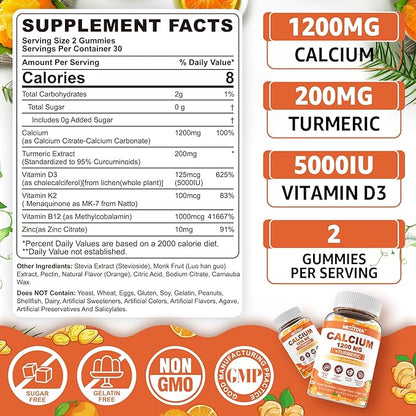 Calcium Gummies with Turmeric for Women & Men - Calcium 1200mg with Vitamin D3 K2 B12 5000 IU & Zinc, Suger-Free Calcium Supplement for Bone, Muscle Strength & Immune Support - Vegan(60 Count)