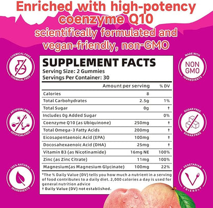 2 Pack CoQ10 Gummies 250mg, Plus Omega-3, Vitamin B3 & Zinc, Magnesium - High Absorption Coenzyme Q10 Supplements for Heart Health, Cellular Energy, & Antioxidant Support, 120 Count