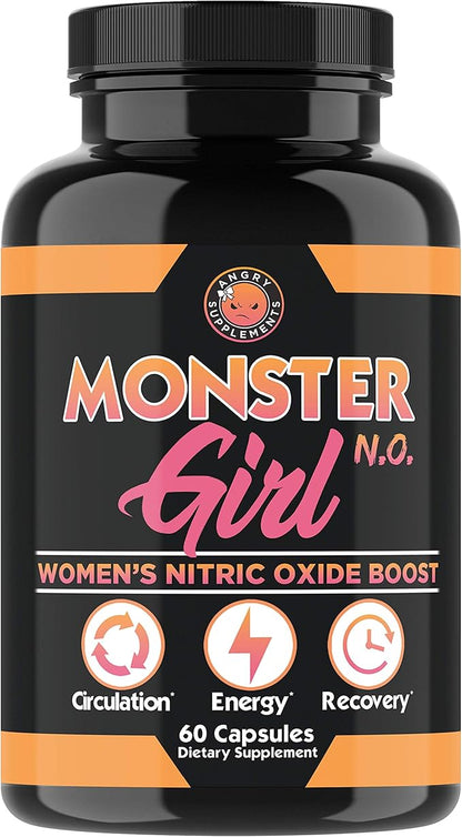 Angry Supplements Monster Girl N.O. Women’s Energy Booster, Increase Circulation, Powerful Workouts & Quick Recovery w. L-Arginine & L-Citrulline (1-Pack, 60ct)